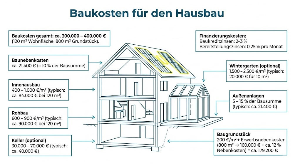 Grafik mit Baukosten für die Hausbau Kosten bestehend aus Baunebenkosten, Innenausbau, Rohbau, Keller, Finanzierungskosten, Wintergarten, Außenanlagen und Baugrundstück