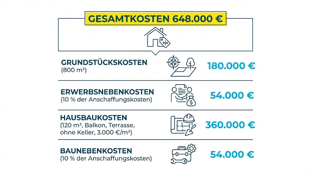 Grafik mit den Hausbaukosten im Überblick bestehend aus Grundstückskosten, Erwerbsnebenkosten, Hausbaukosten und Baunebenkosten